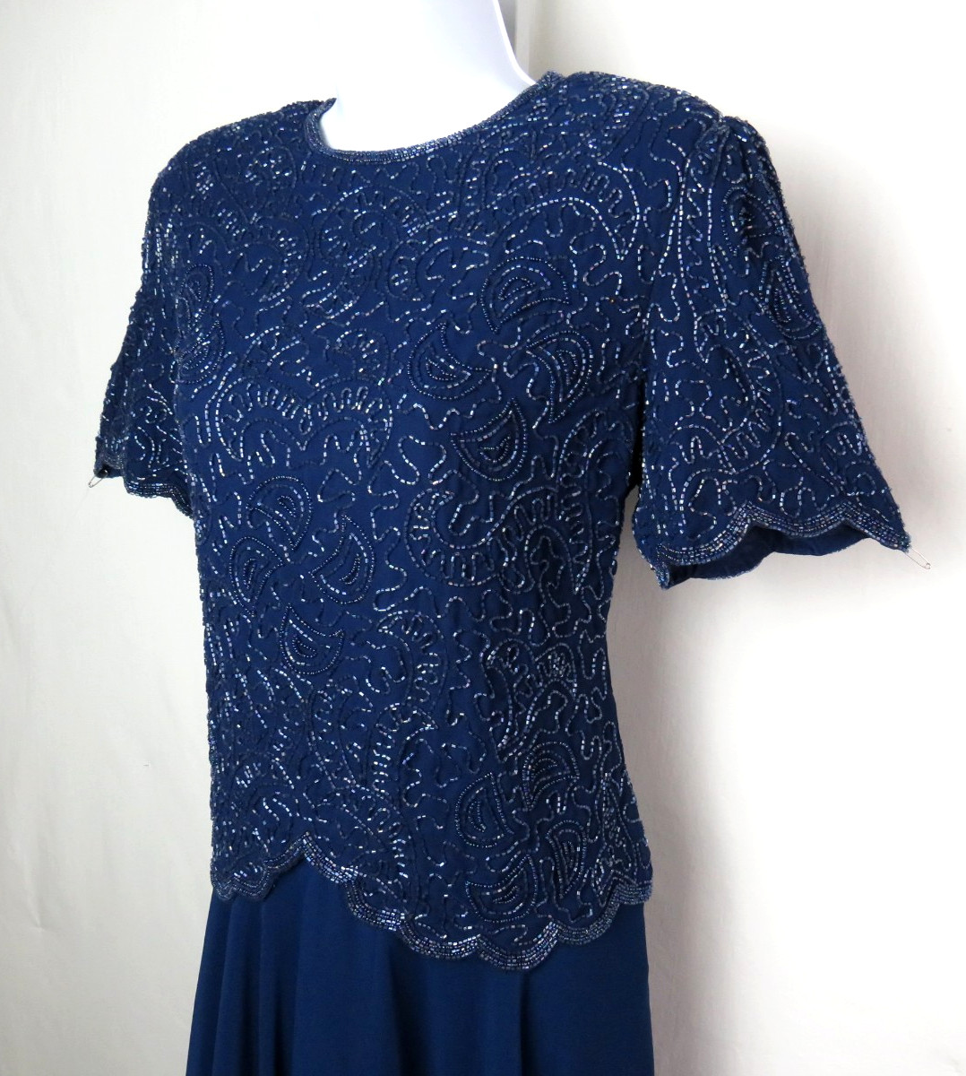 VTG 1980s BRILLIANTE BY JA BLUE BEADED DRESS SIZE PM POLY CHIFFON