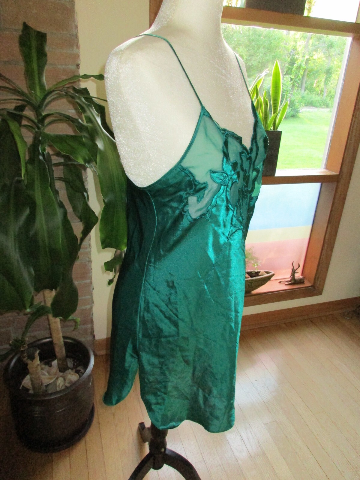 Vintage Victoria Secret Gold Label Cami Nightgown Green Satin Lingerie Medium