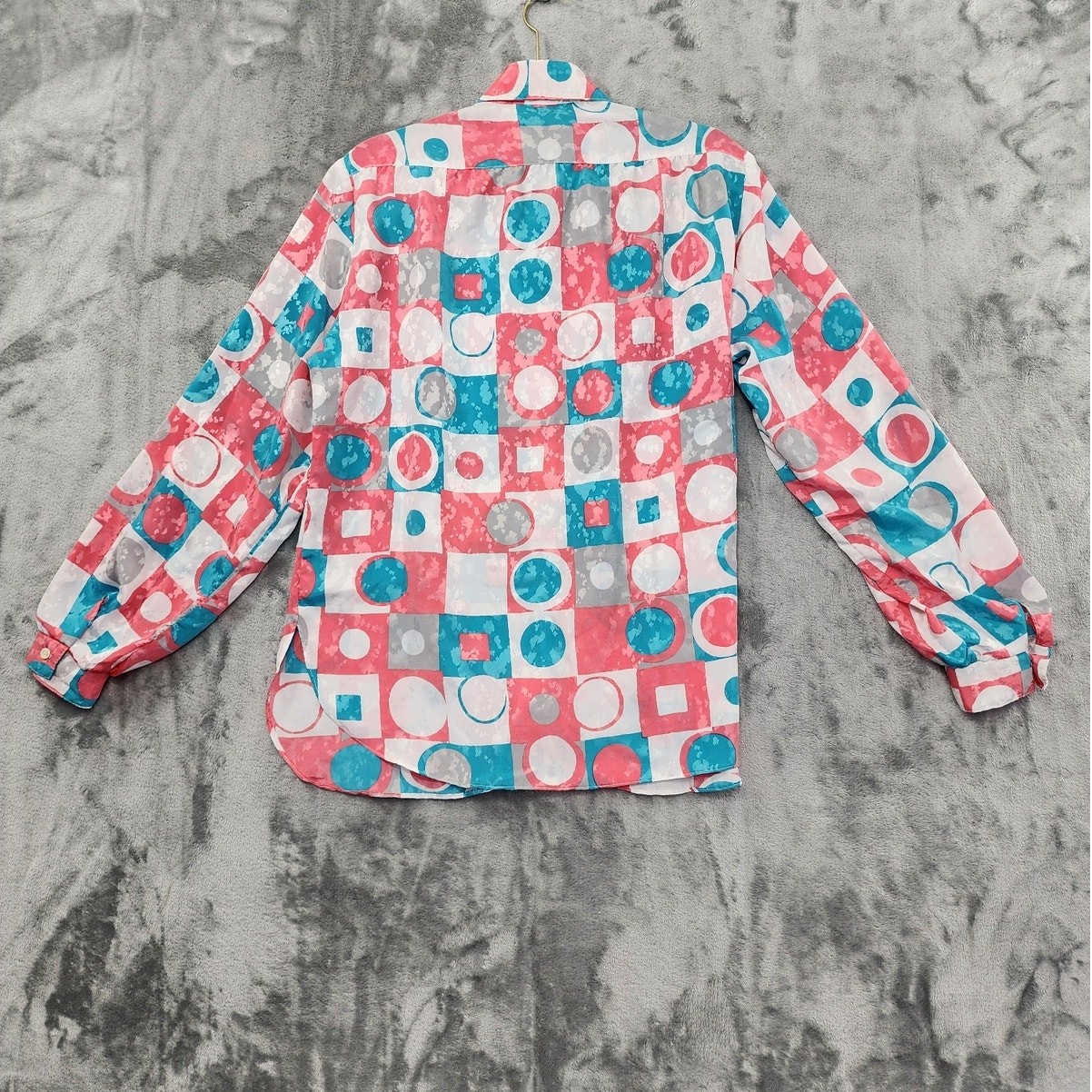 Vintage All Hours Top Womens M Pink Blue Geometric Silky Brocade Long Sleeve