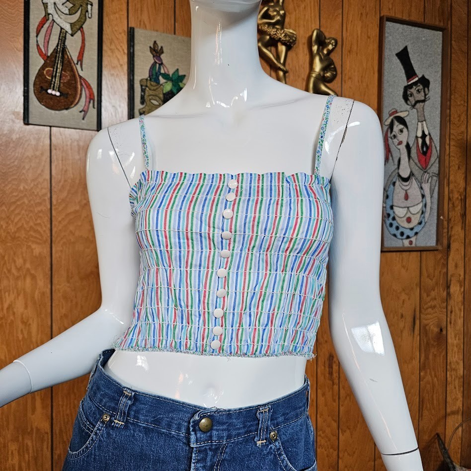 Vtg 70s Pride Rainbow Stripe Smocked Crop Baby Tee Tube Top Festival Shirt M