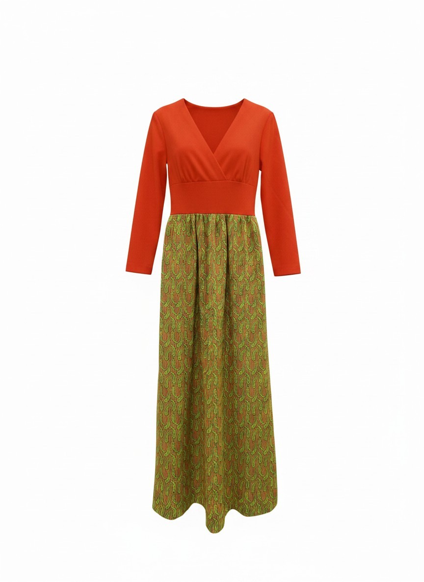 Vintage 70’s Maxi Dress Red Green Paisley Polyester Groovy Hippie Handmade Small
