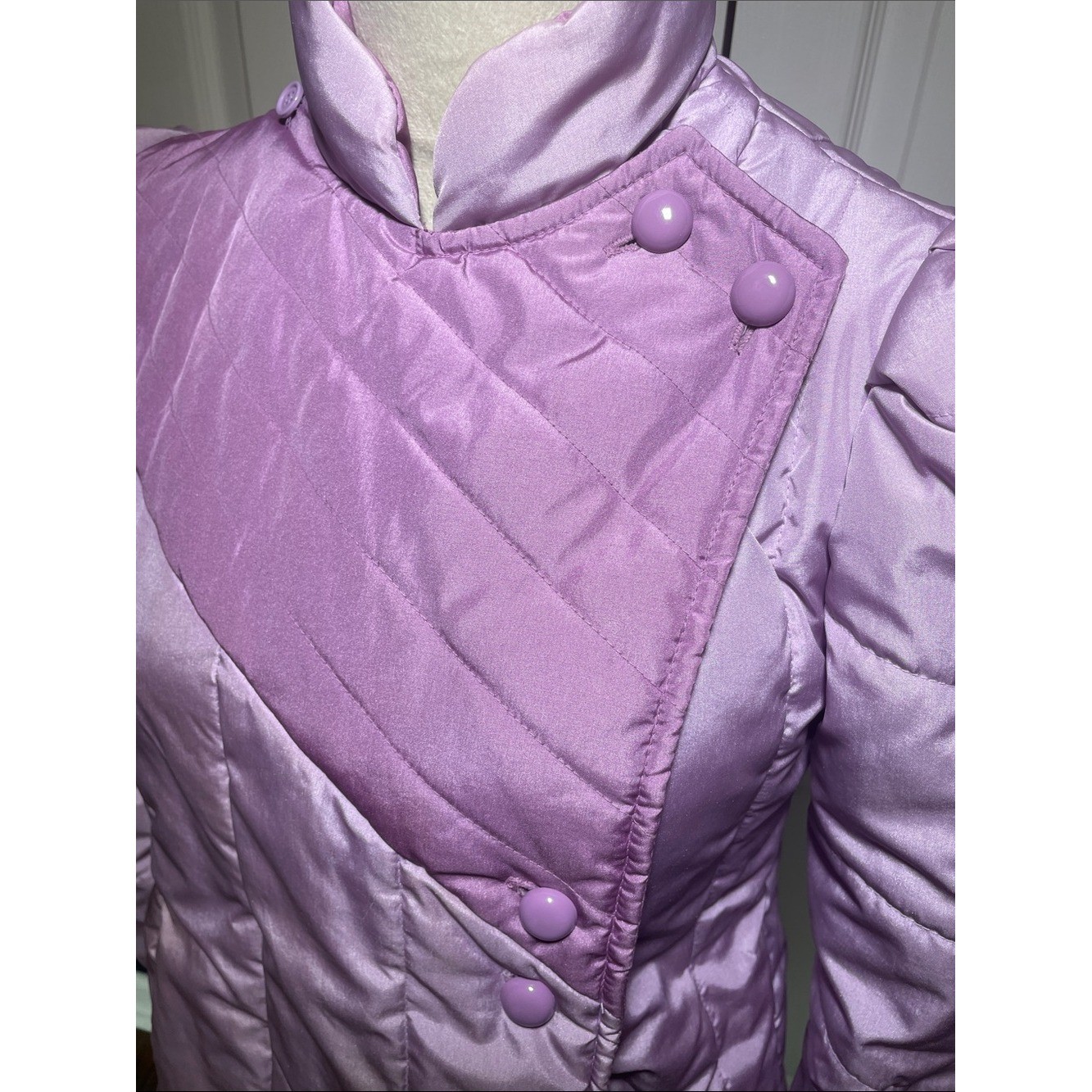 VTG 80s Rothschild Lavender Puffer Coat Asymmetric Colorblock Leg-O-Mutton