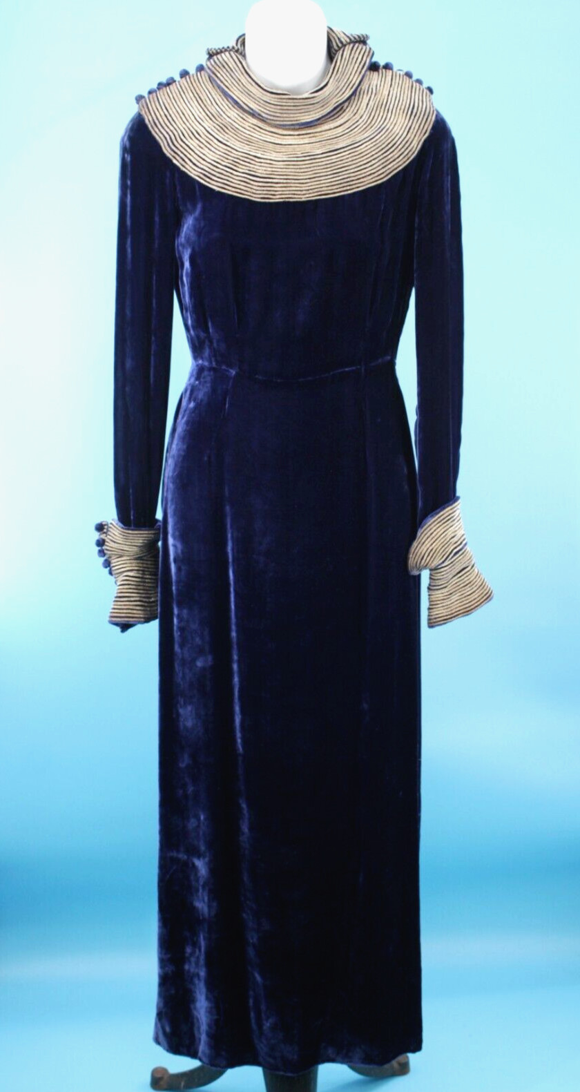 Vtg 30s Blue Velvet Maxi Dress W/ Gold Trim 1930s Fashion Originators Guild
