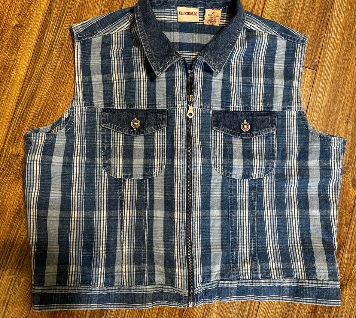 90’s Vintage Women’s XL Blue Plaid Denim Metal Zip Front Vest Chest Pockets