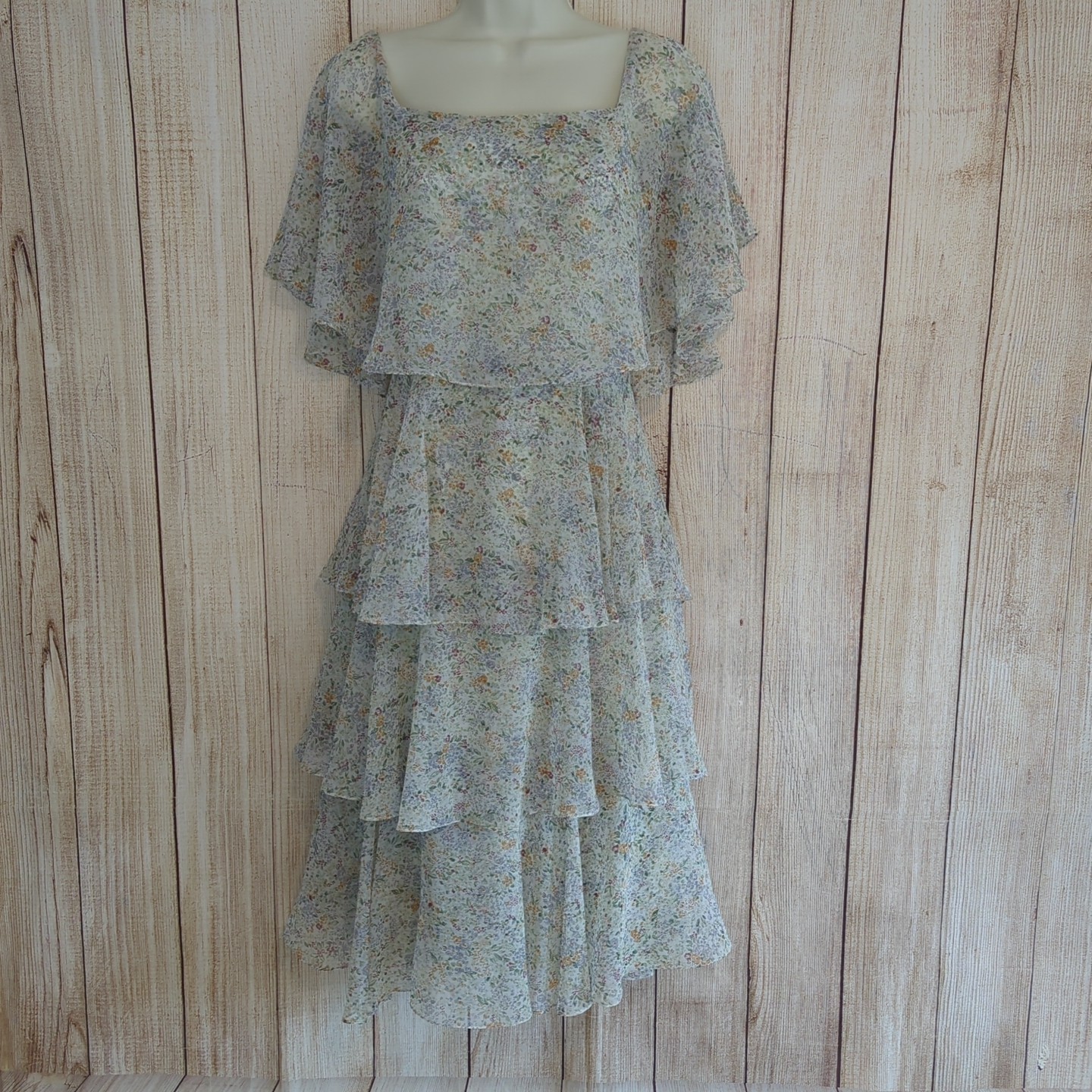 60s / 70s Vintage Marita Anthony Muto Dainty Floral Tiered Tulle Dress Small