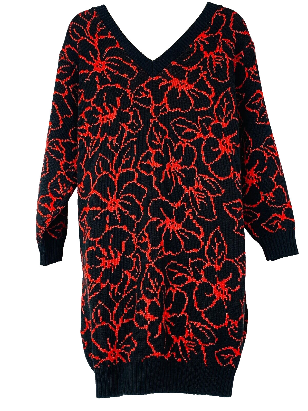 Vintage 1980s black red sweater dress, metallic glam floral oversized acrylic M