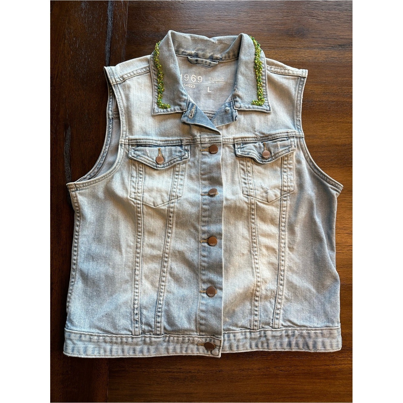 1969 Light Wash Denim Vest with Green Beaded Collar- size Large