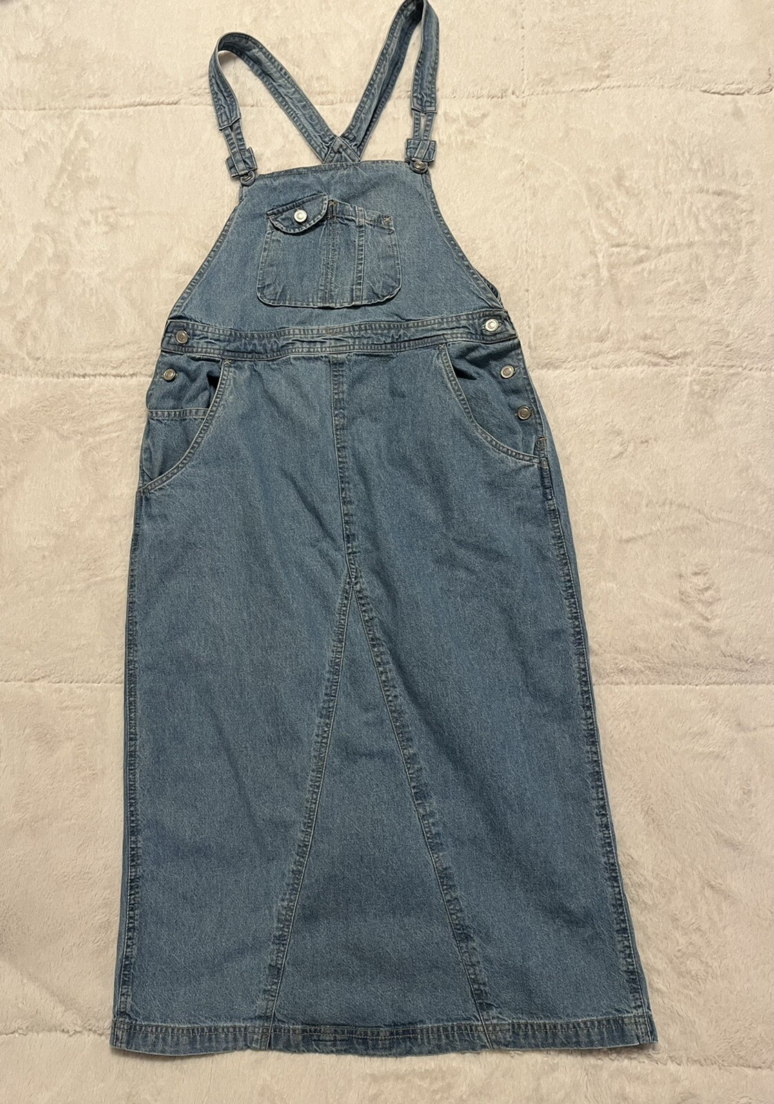 Vintage 90’s Expressions Blue Denim Overall Midi Dress Wm Md Pockets