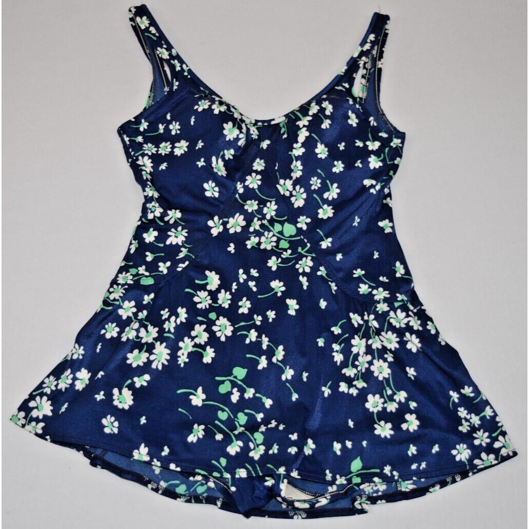 Vintage Jantzen Swimsuit Size 12 S/M 70s Navy Blue White Green Daisie Full Skirt