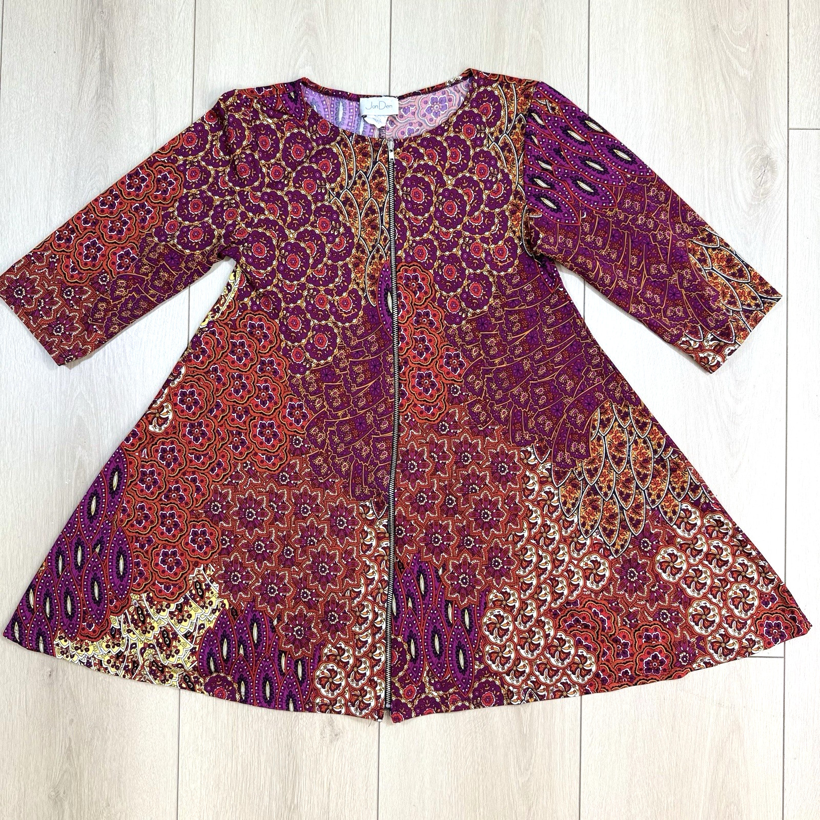 Vintage JonDen USA Boho Zip Front Tunic Dress M Psychedelic Floral 70s Style