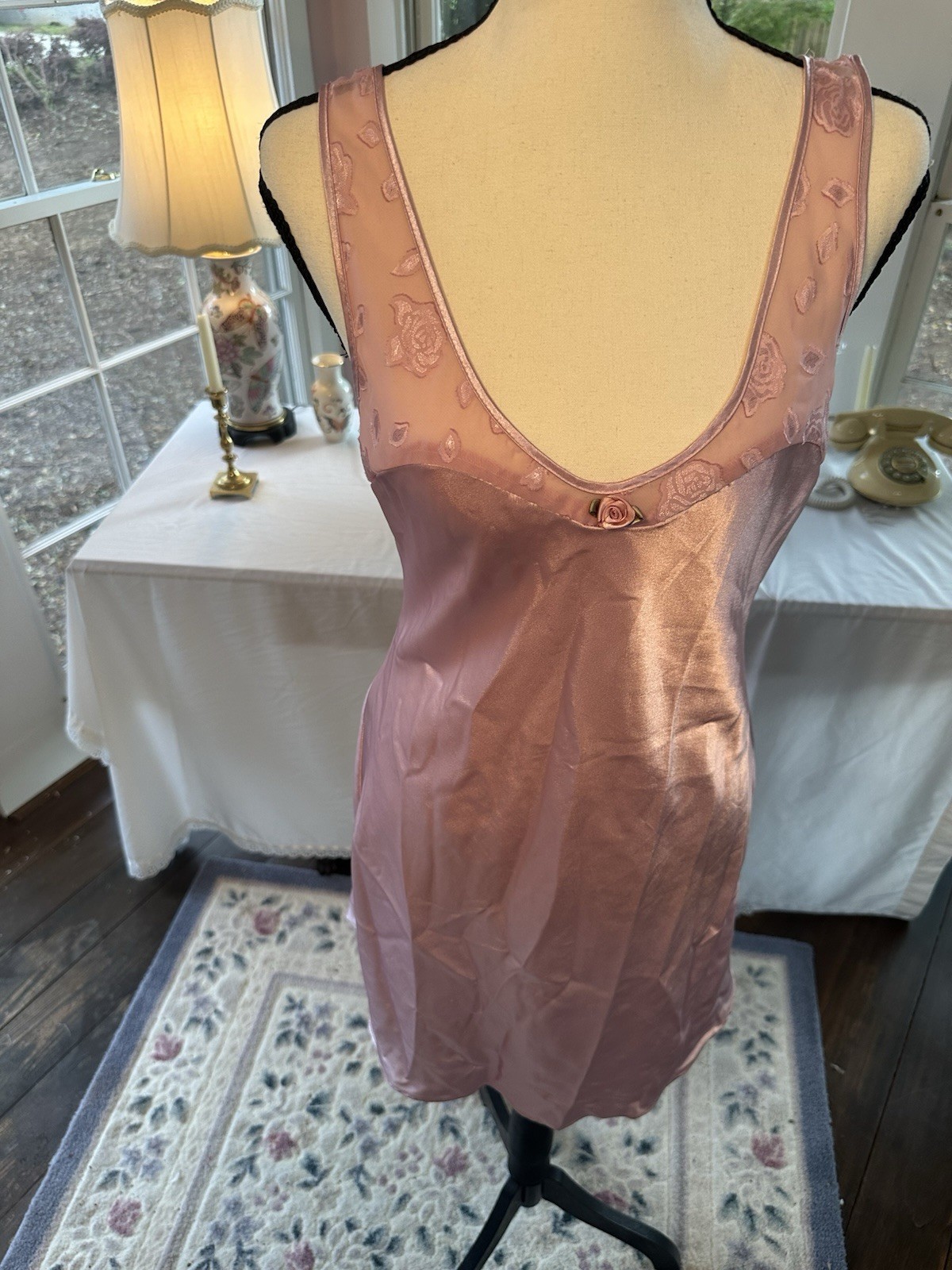 Vintage 90s Pink Silky Nightgown Sheer Rose Straps Nightie Intimates PJ Sz Small