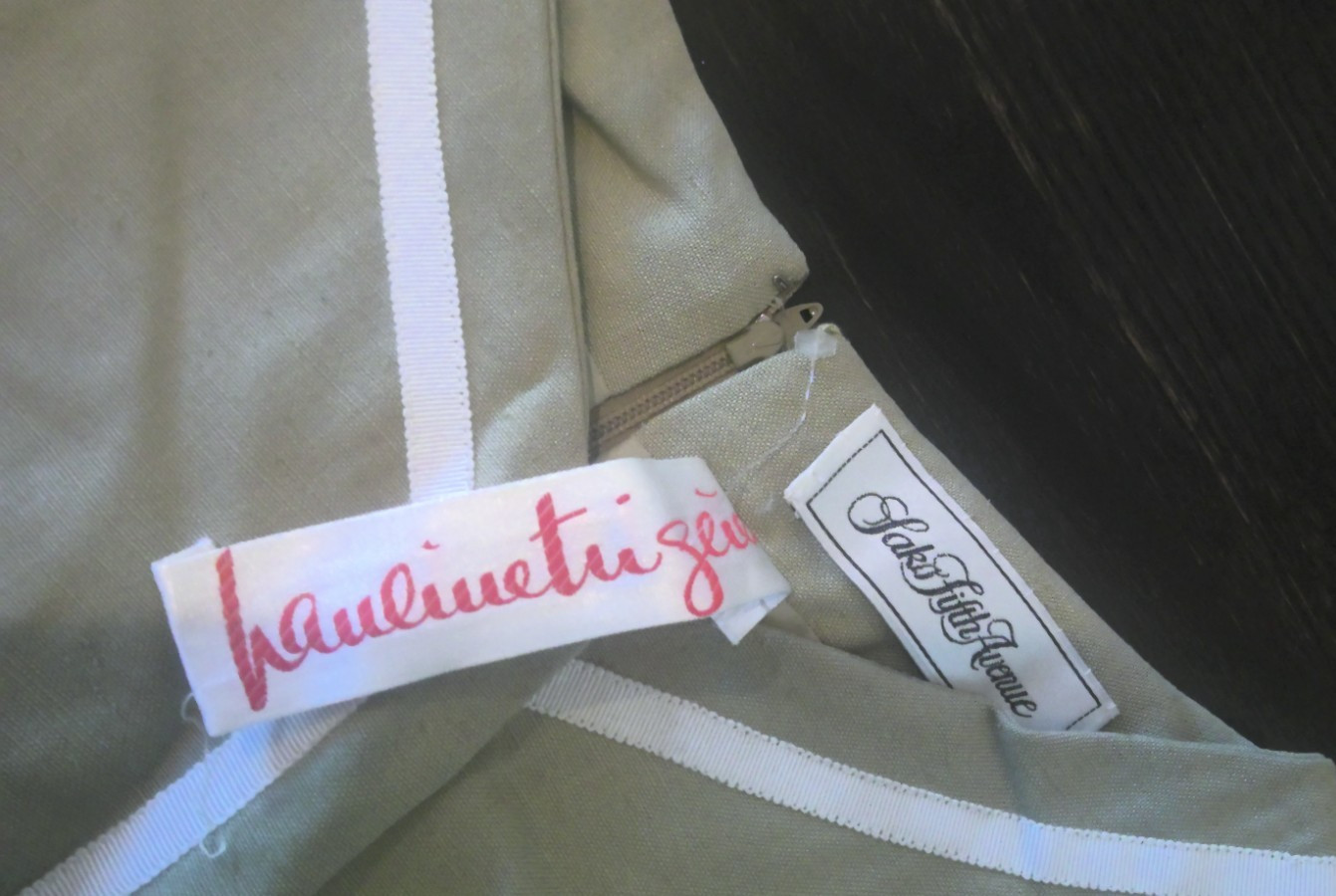 Vintage Pauline Trigere Zip Beige Dress White Stripe detail Neiman Marcus Sz 10