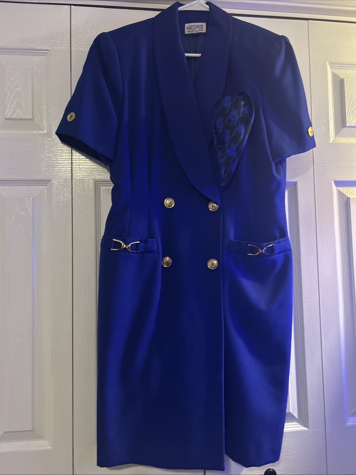 Vtg Kasper for ASL Royal Blue Dress 80s 90s Gold Button Horsebit Office Career