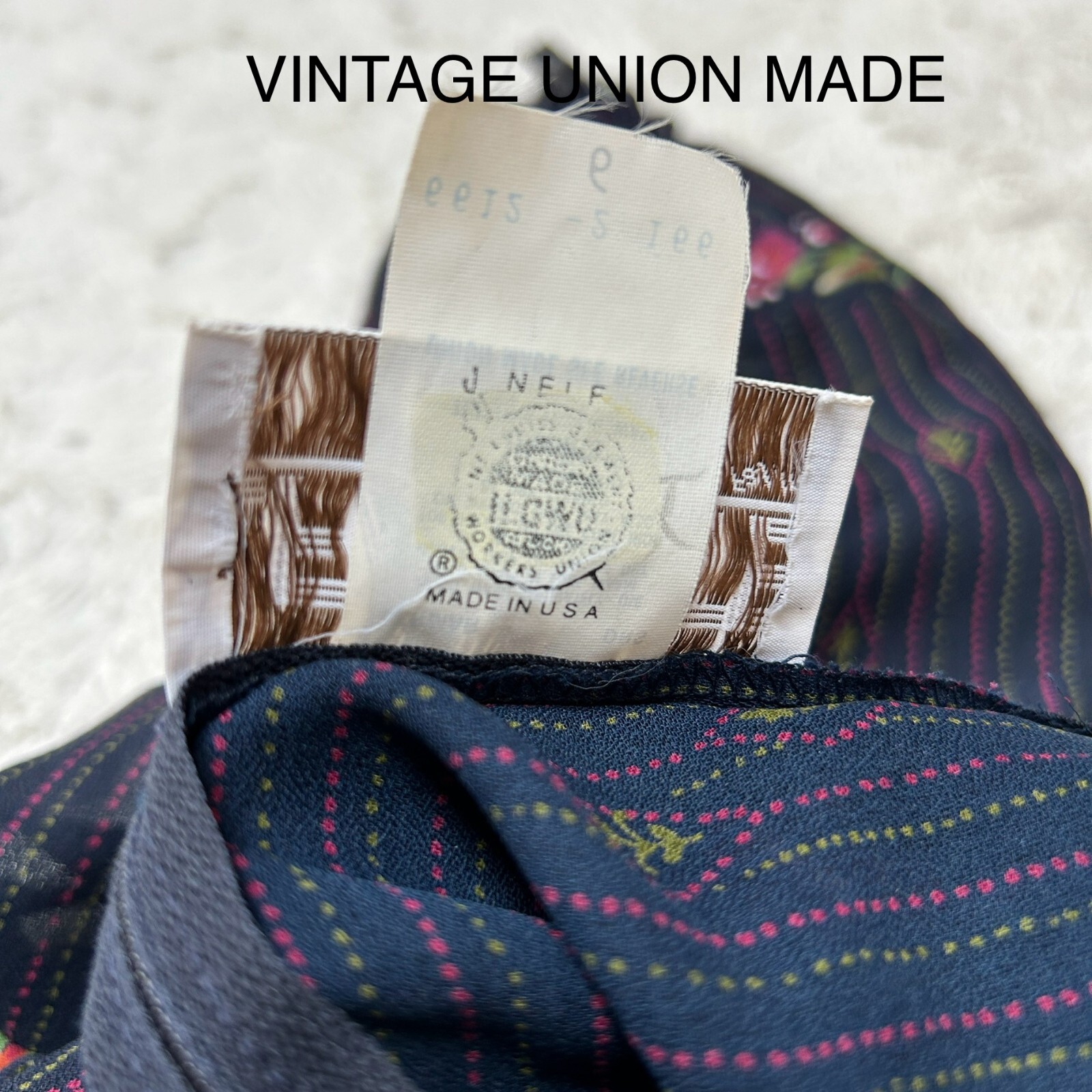 LF Petite Vintage Union Made Floral Print Mock Neck Ruffle Dress Size 6 Navy