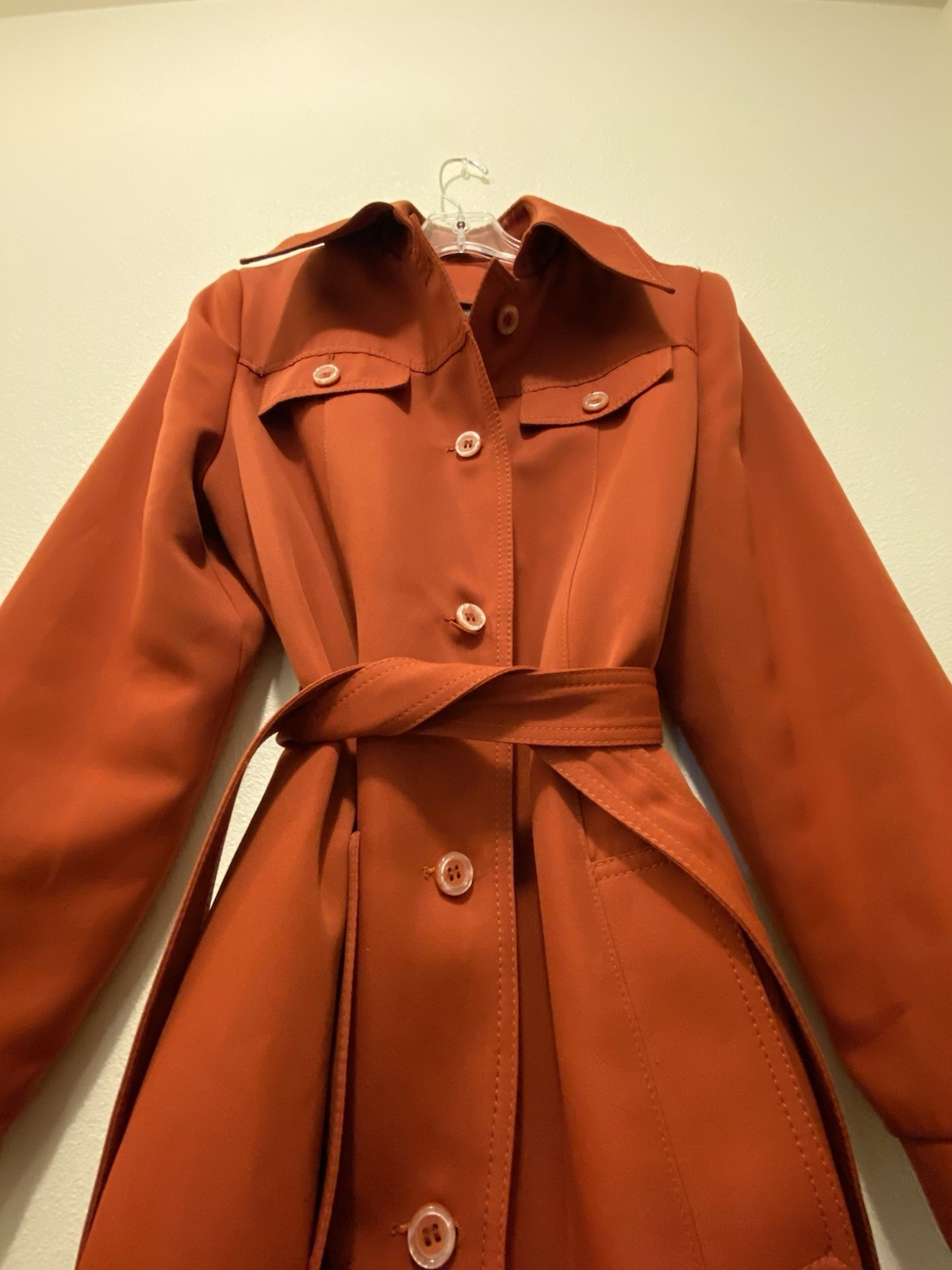 Vintage 1970s Sirocco Rust Orange Trench Coat Plaid Lining Belt Sz 12 Exc