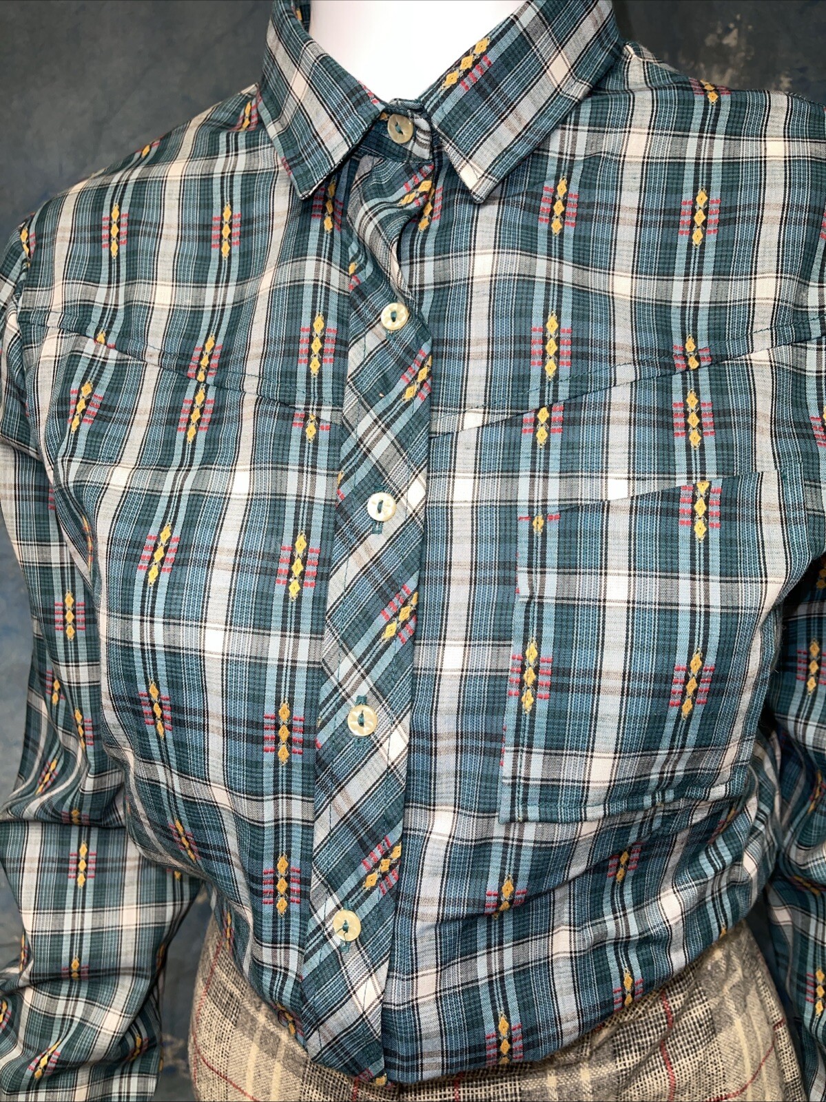 Juniors Vintage 1970s Bobbie Brooks Plaid Blouse Shirt 13/14