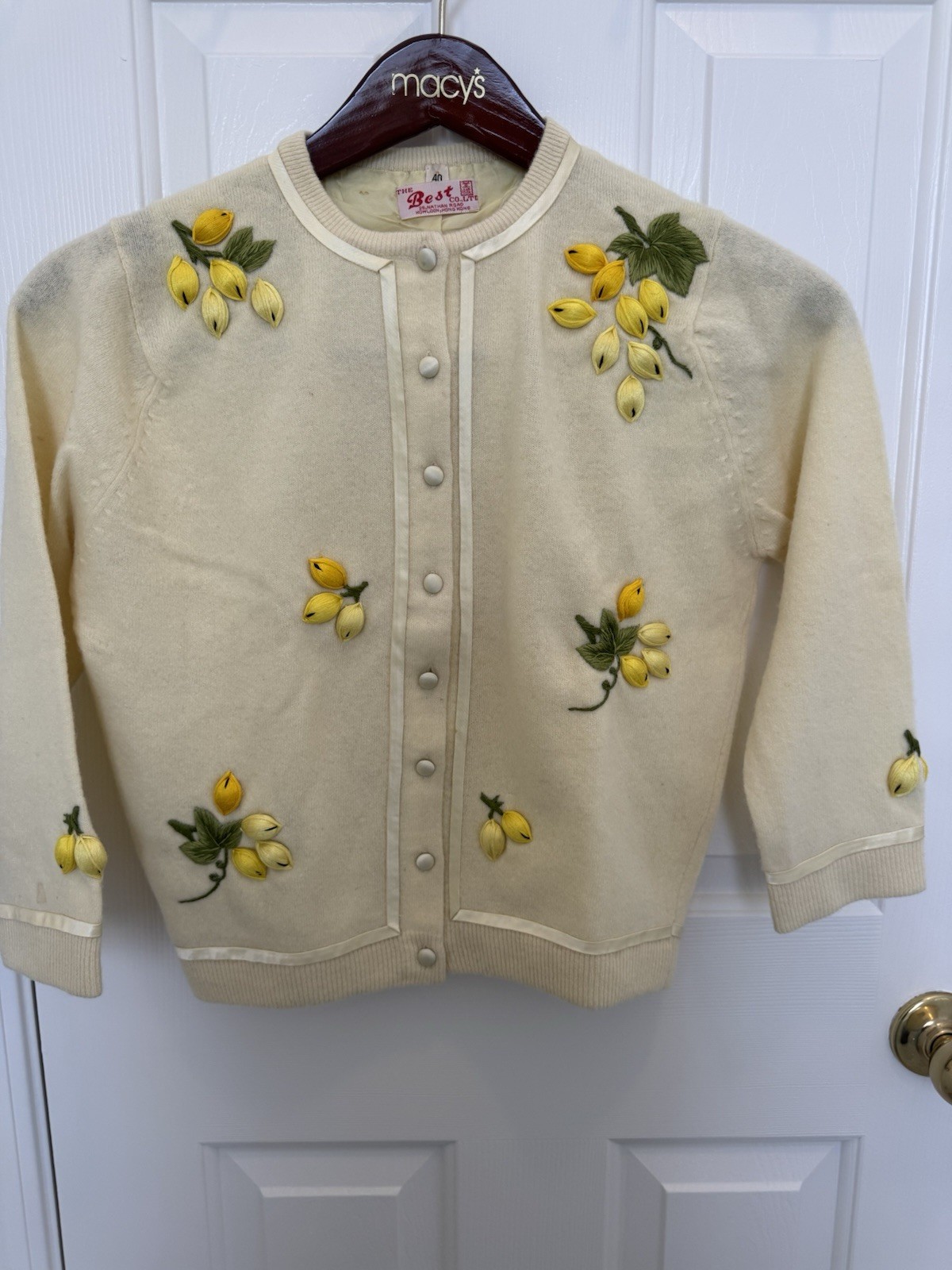 The Best Co., Ltd Vintage Ivory Yellow Embroidered Floral Cardigan Size 40