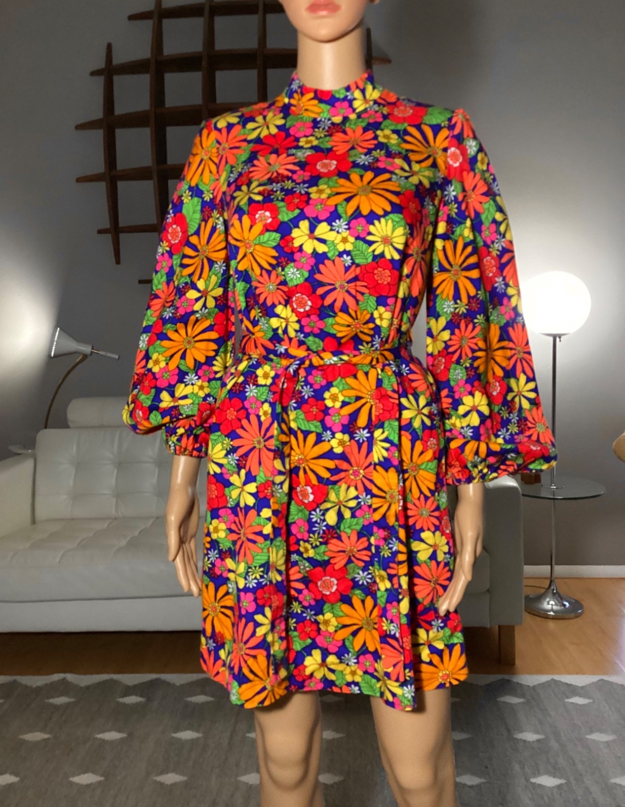 Vintage 60’s Psychedelic Belted Mini Dress Flower Power Floral Hippy Mod Go-Go