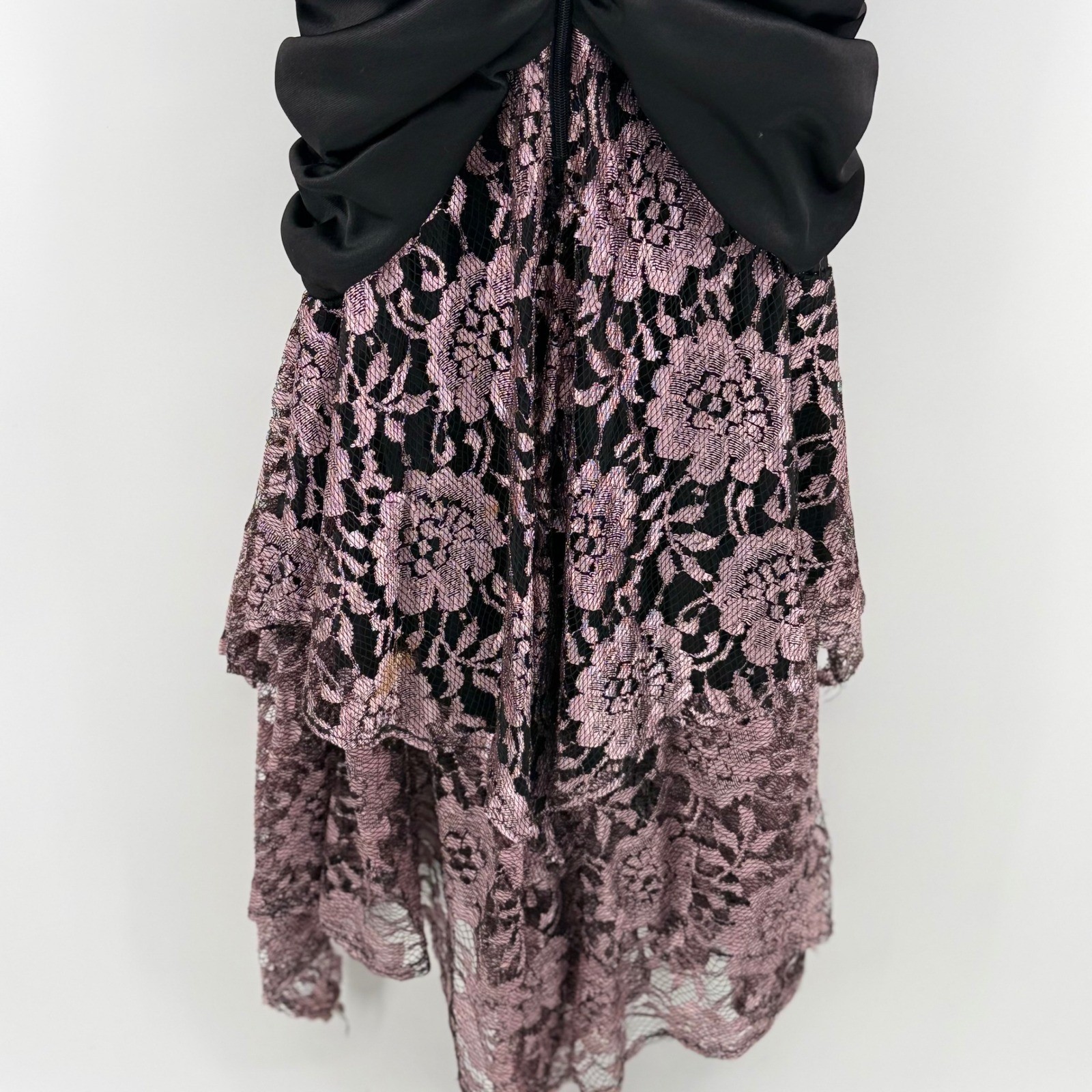 Vintage 80s SENECA Prom Dress Gothic Black Ruched Liquid Satin Pink Lace 3/4
