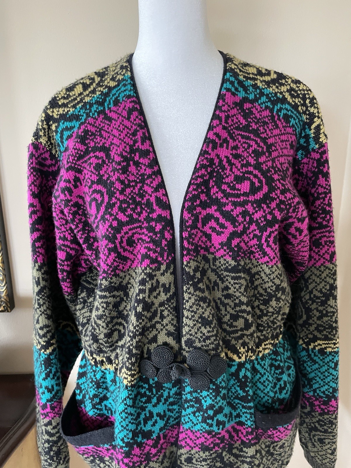 Vintage Jeanne Pierre 48% Lambswool 52% Acrylic Pockets Unique Sweater Jacket M