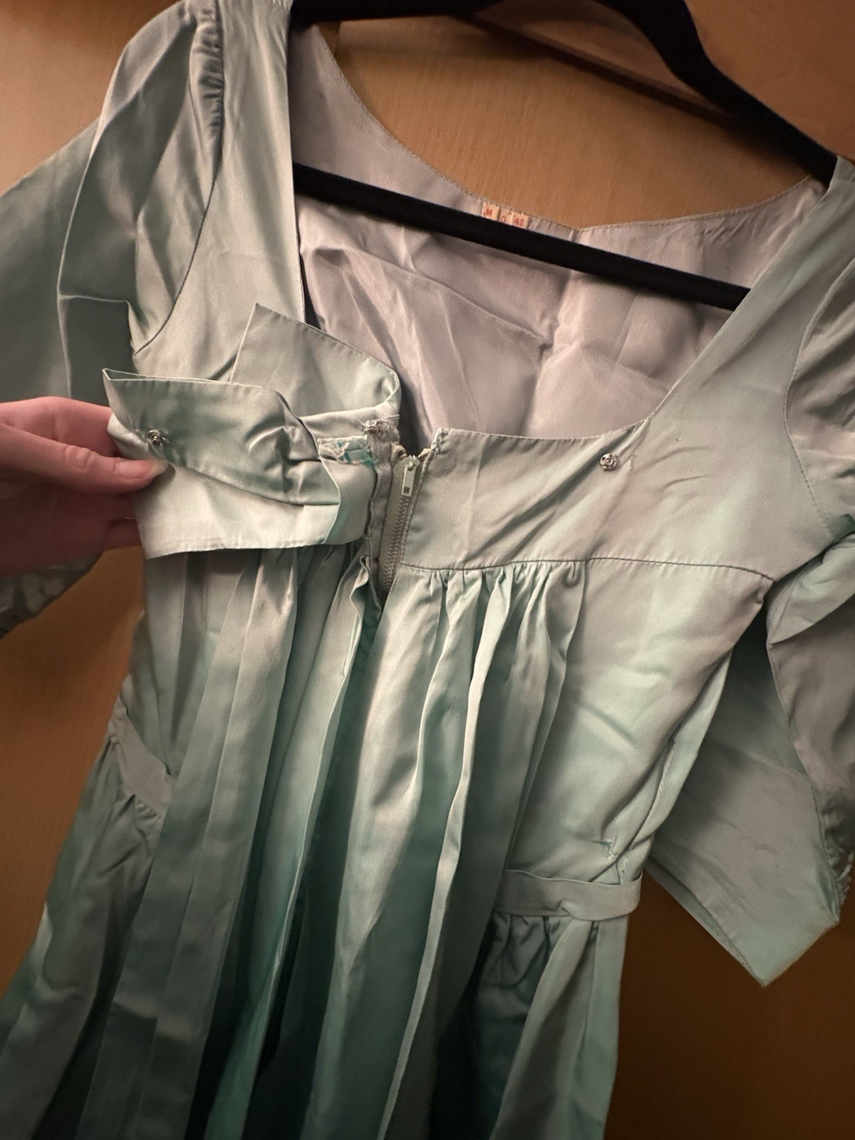 1960s Iridescent Turquoise Green Silk Taffeta Blend Formal Evening Gown.