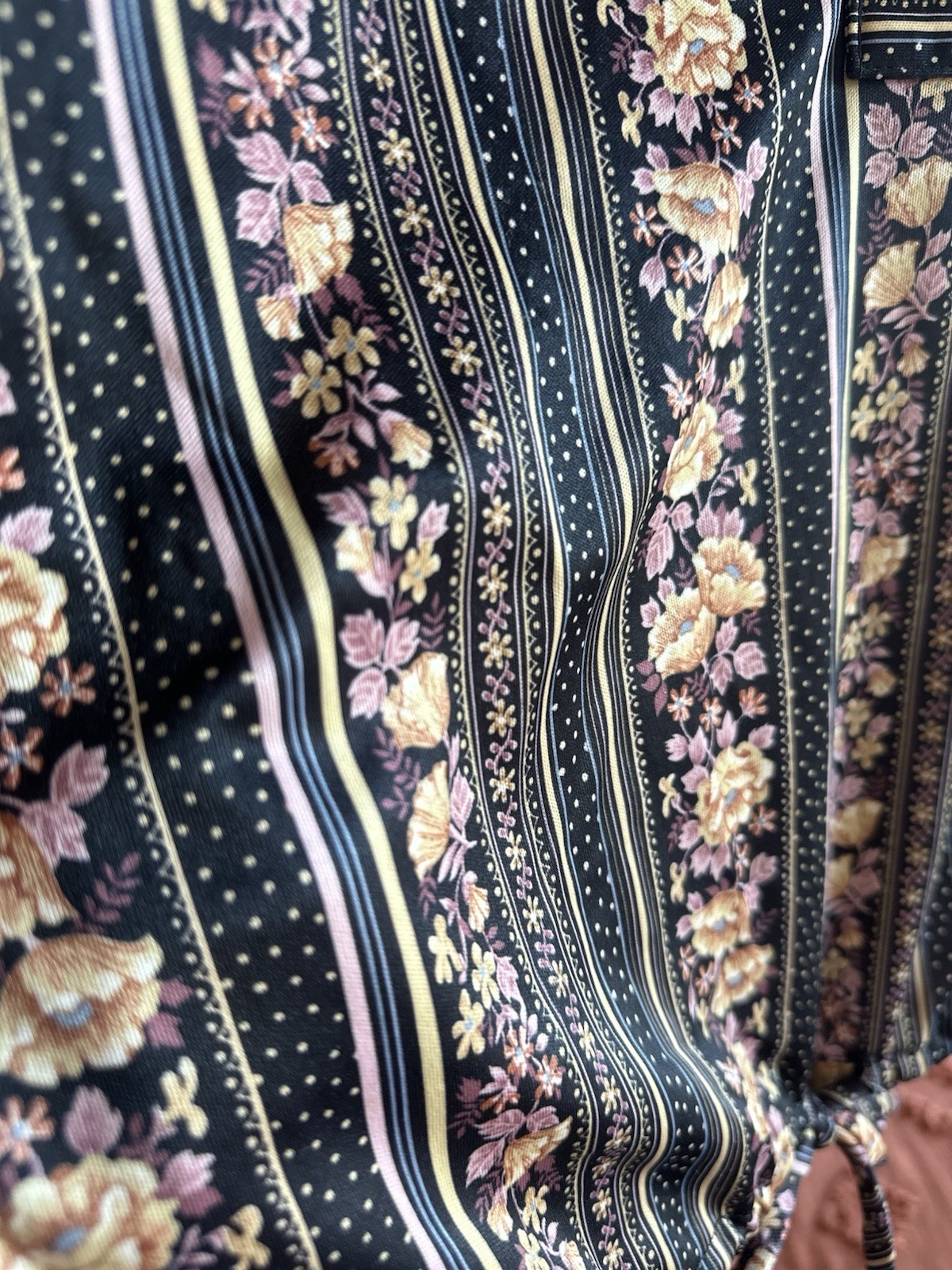 Vintage 70’s Donnkenny Size 12 Black Floral Striped Long Sleeve Tie Waist Blouse