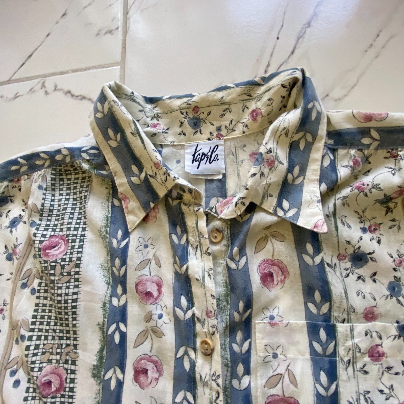 Tapsilo Vintage Womens Button Front Floral Patchwork Blouse Short Sleeve Large