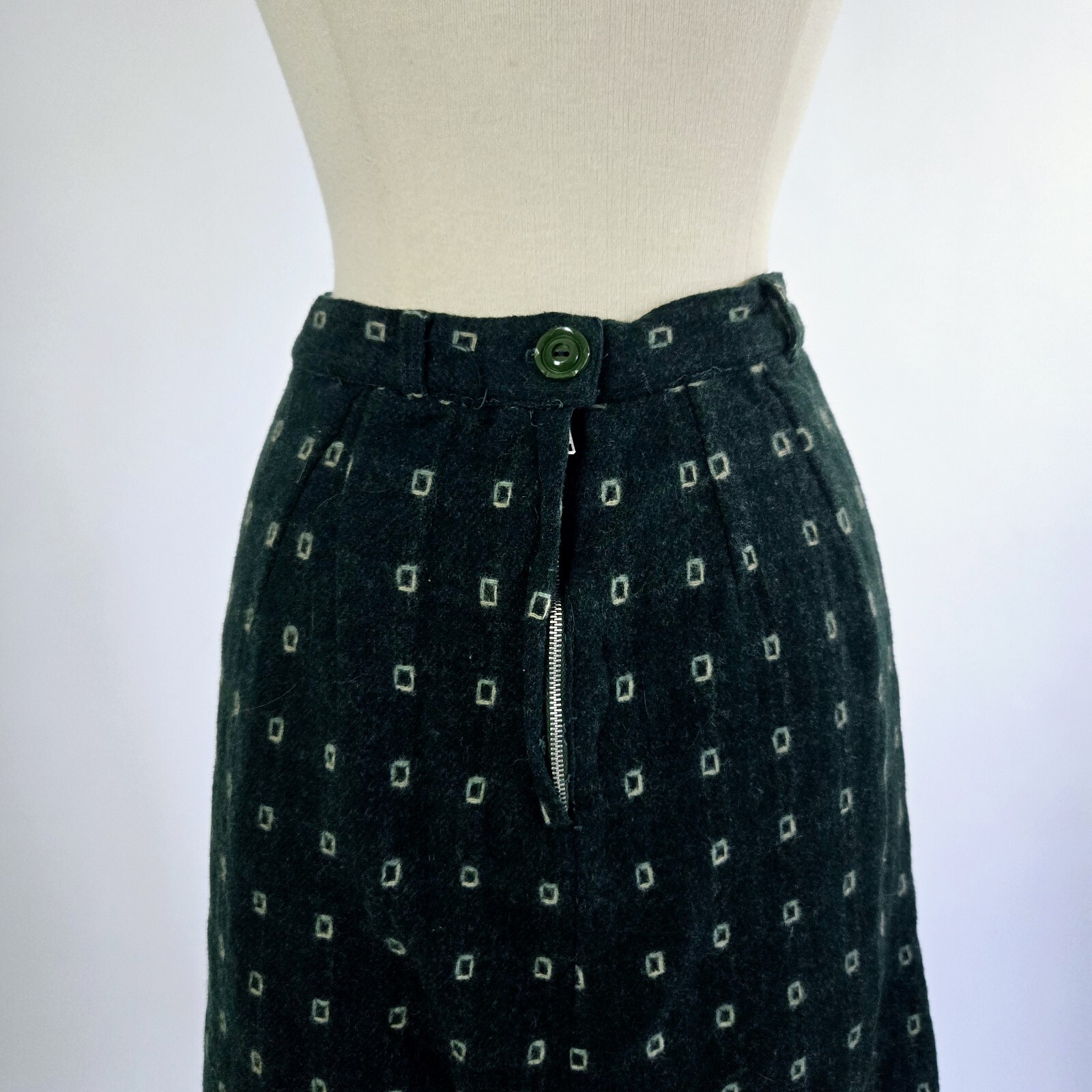 VTG 1950s Green Atomic Square Wool Skirt By Lampl Fashions Ohio Midi 25” Waist