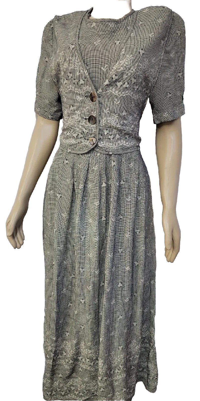 J.B.S. COTTAGECORE Women’s Vintage Midi Gray Dress Vest Attached Size 14 #C