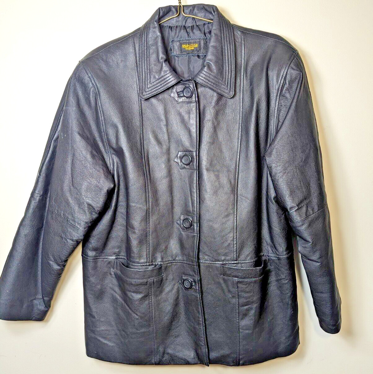 Vintage Black Leather Jacket Size L Salon Studio Haband Button Down Mid Length