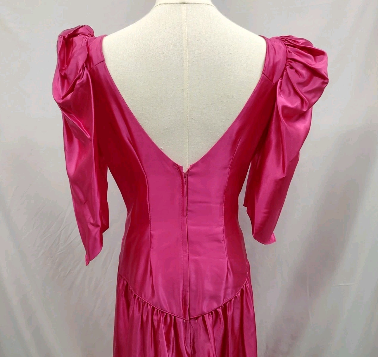 80’s Vintage Dress Hot Pink Liquid Satin Shine Puff Sleeve Bow V Back Gown 13/14