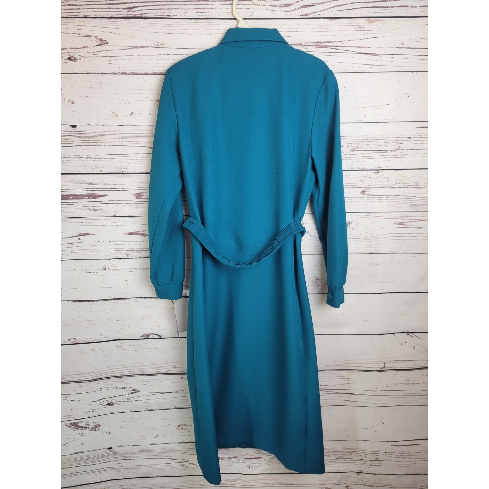 Vtg Nancy II Midi Dress 80s Minimalist Belted Long Sleeve Modest Teal Blue 10