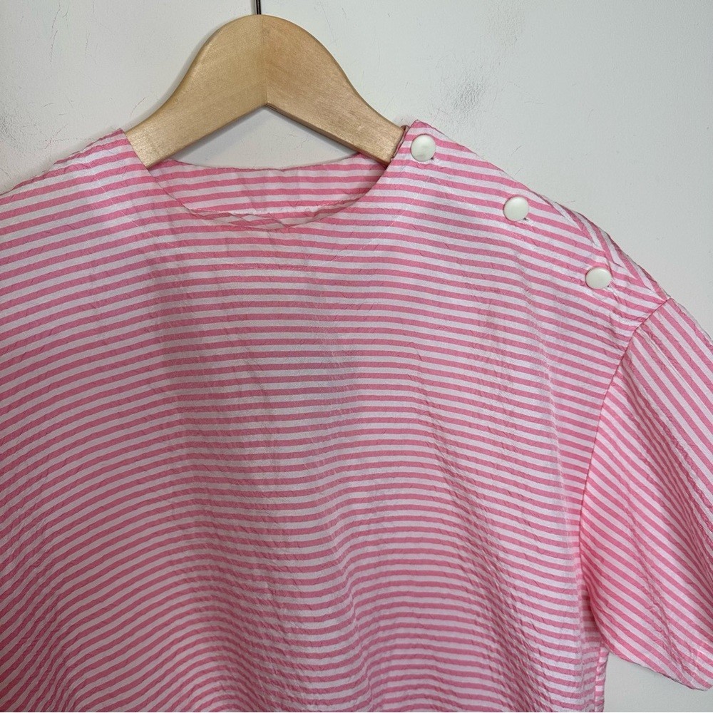 Vintage 80s 90s Bubblegum Pink Striped Button Shoulder Oversized Top Size 12