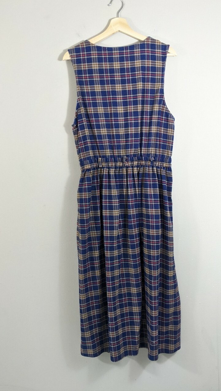 Vintage L.L. Bean Blue plaid Cotton Flannel Dress size M/L 1990’s 90s pockets