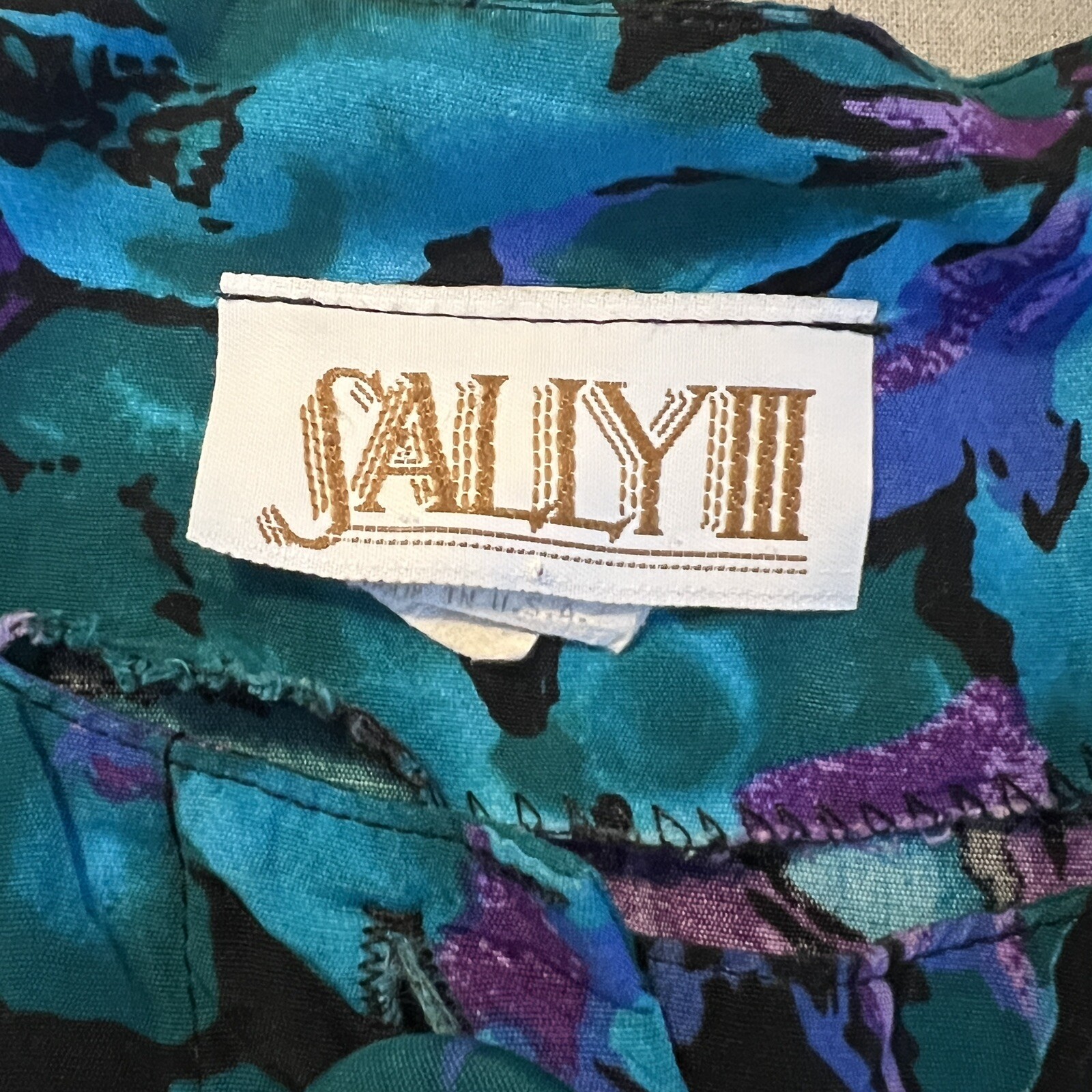 Sally III Vgt Dress 1980 Size 24 Black Teal Purple Floral Rayon Button Front