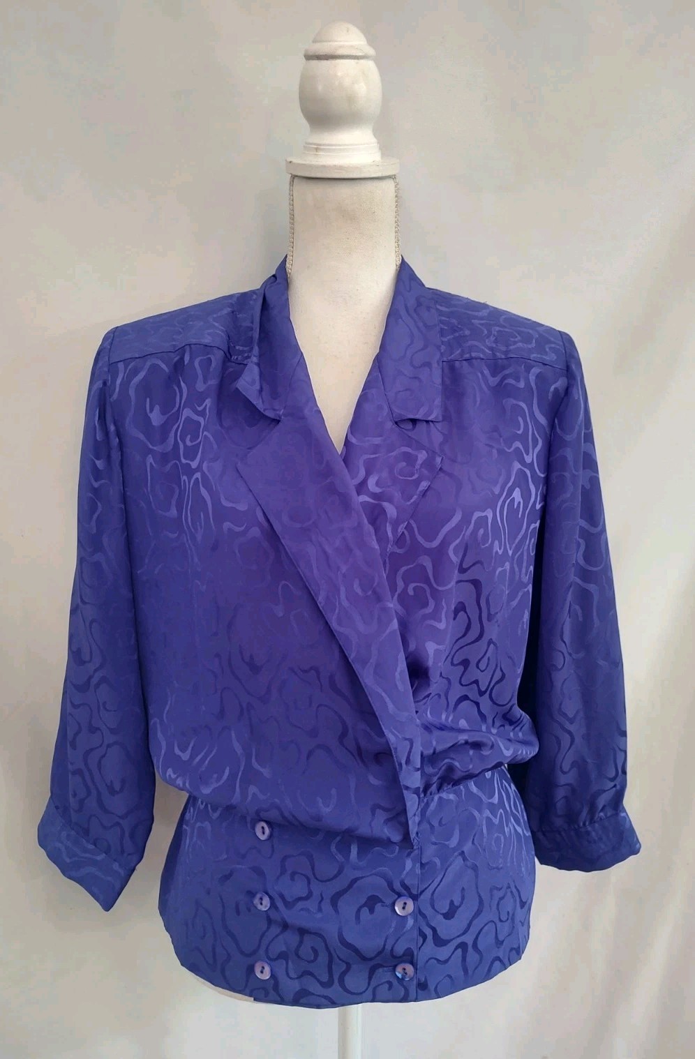 80’s Vintage Argenti Top Blouse Purple Satin Jacquard Jacket Style 3/4 Sleeve 12
