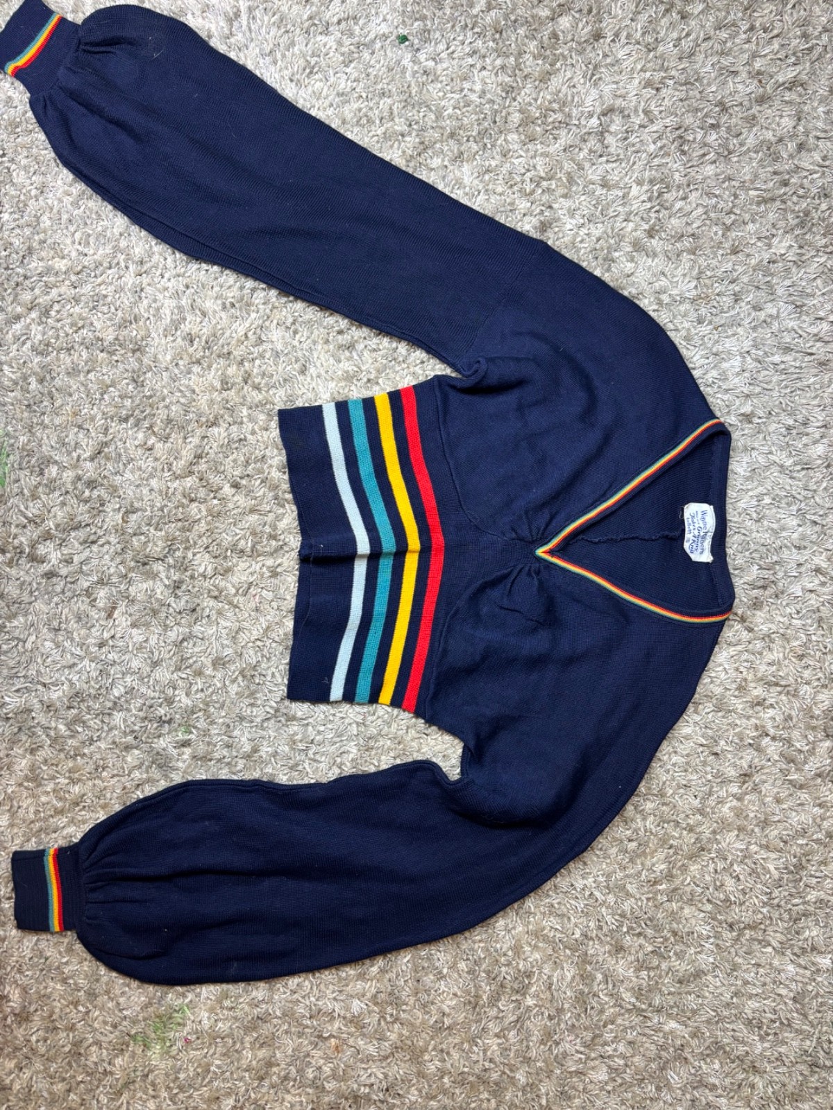 Vintage 70s Wayne Rogers Granny Takes a Knit Rainbow Balloon Sleeve Sweater SM