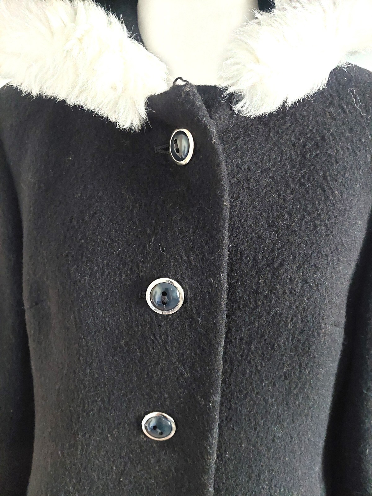 Vtg Wolfstaedter 1960’s Black Faux Fur Trim Swing Coat L Wool Lined MCM