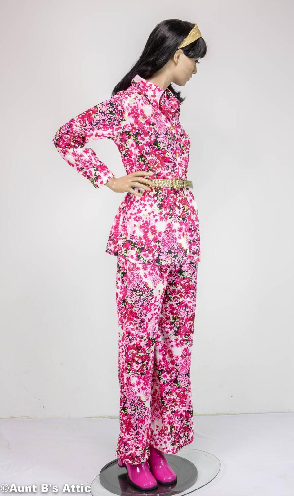 Vtg 70 s Barbie Style Pantsuit 4 Pc Pink Floral Top Pants Belt Headband Medium