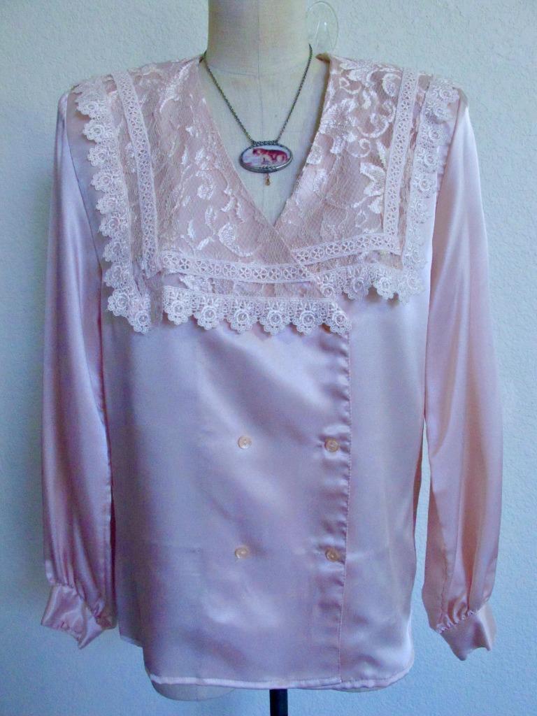 Vintage San Andre Silky Blouse 10 Pink Lace Victorian Collar Slick Shiny Satin