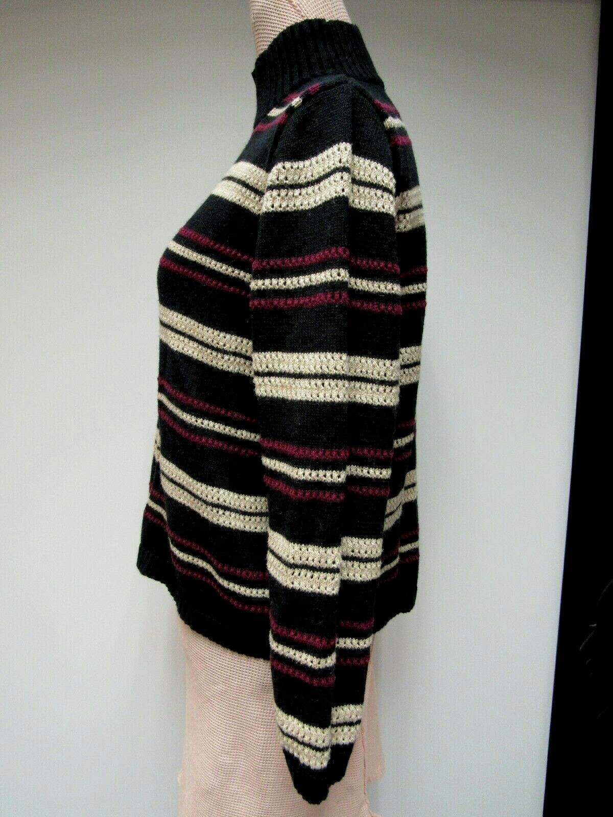 VTG Maroon Cotton Blend Open Knit Sweater Top Mock Turtleneck Black Beige M EUC