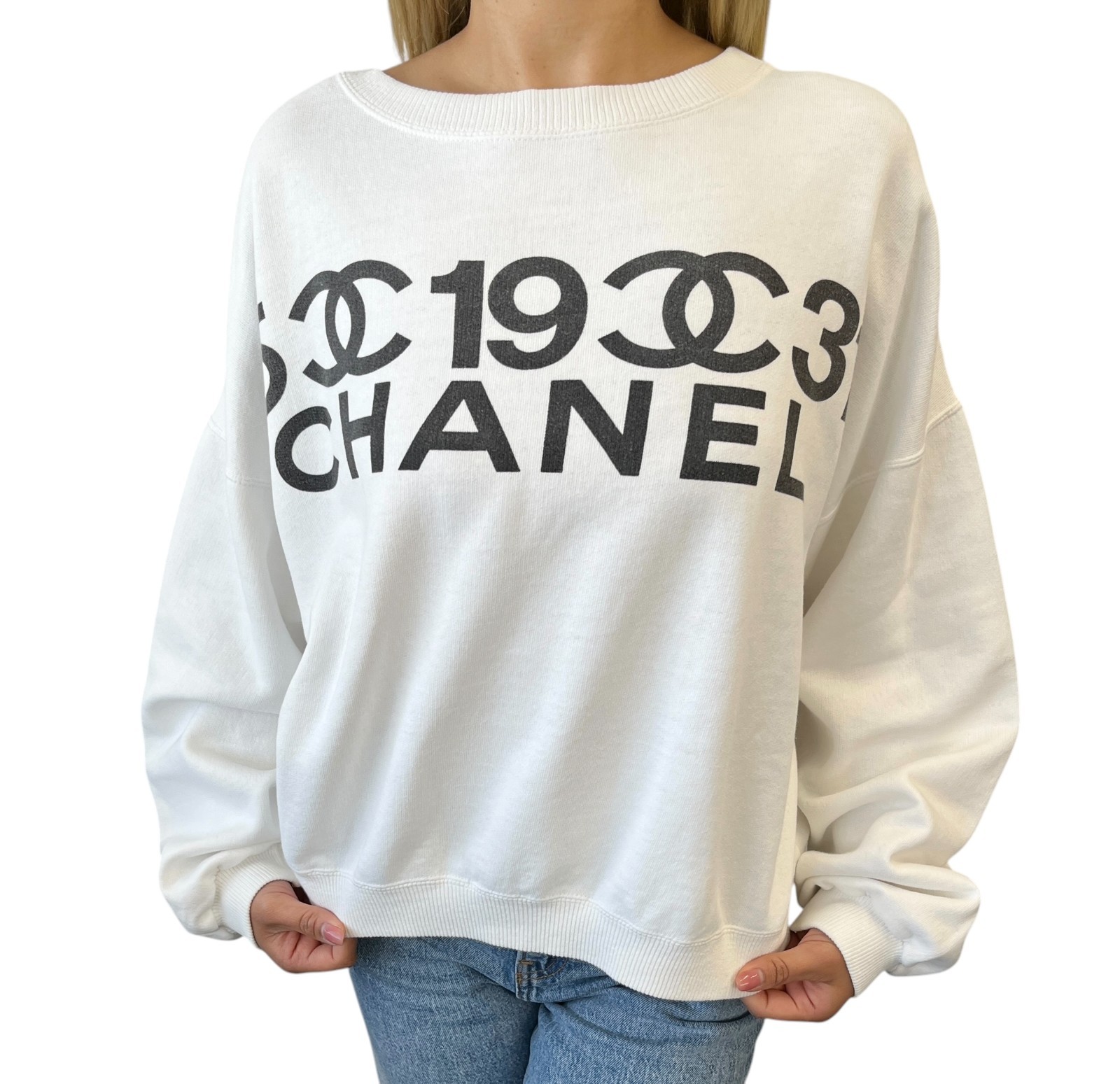 CHANEL Vintage CC Logo Sweatshirt Top White Black Cotton Long Sleeve 901974