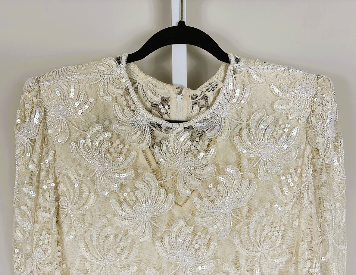 Vintage 1980s Beaded Sequin Lace Gown Ivory Handkerchief Hem Gatsby Bridal Gala