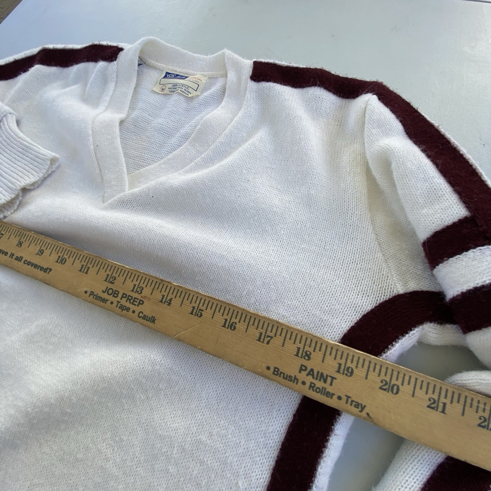 Vintage Ivory Cheer Sweater V-Neck Varsity Brown Stripe Acrylic USA Made Sz M