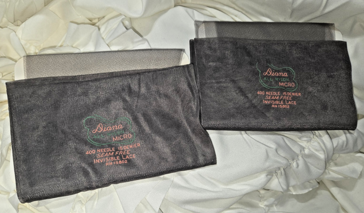 2 VTG Diana sz 10 Gray Micro 15 Denier Seam Free Invisible Lace Stocking Nylon
