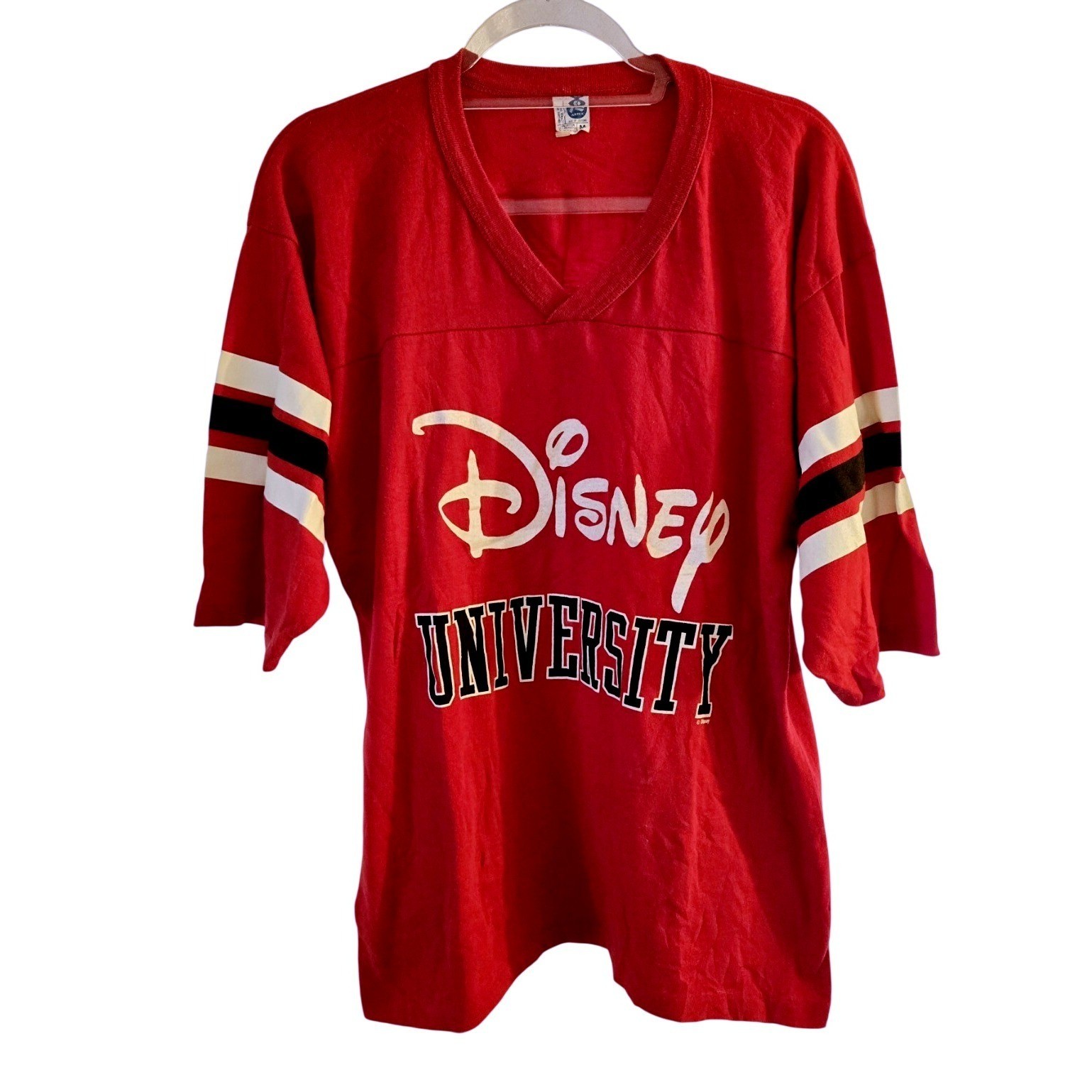 Vintage Disney University Artex Jersey Shirt Red Striped Sleeve V-Neck Medium