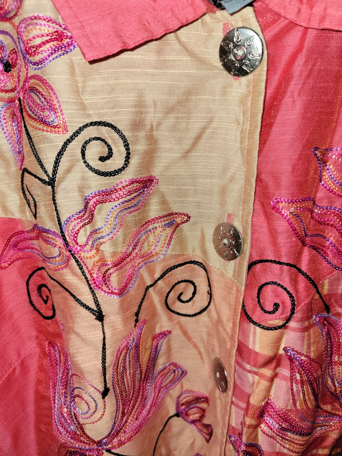 Indigo Moon Vintage Embroidered Patchwork Jacket Size 1X Pink Boho Art To Wear