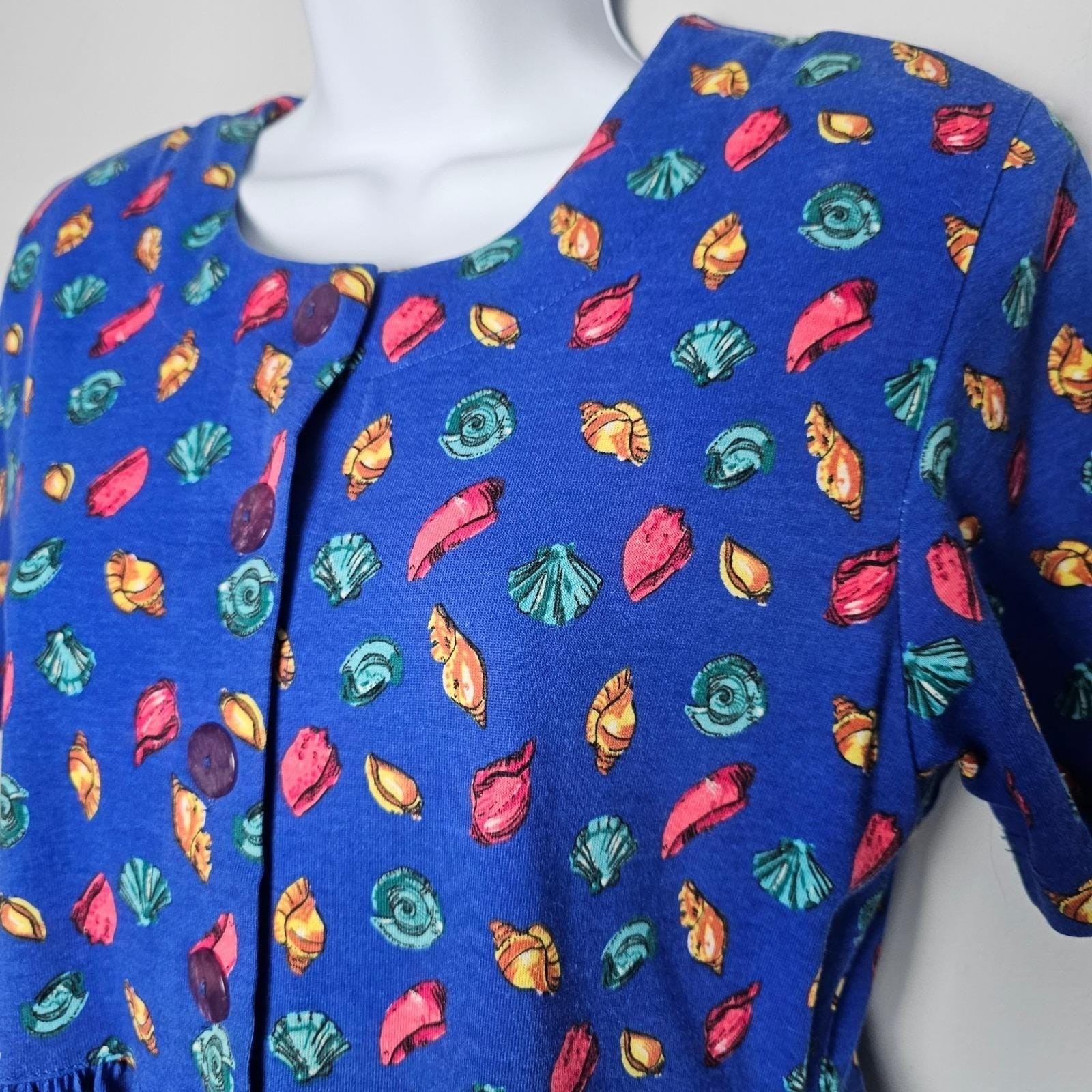 Vtg 90s Seashell Maxi Dress Womens Small Blue Cottagecore Coastal Beachy FADS