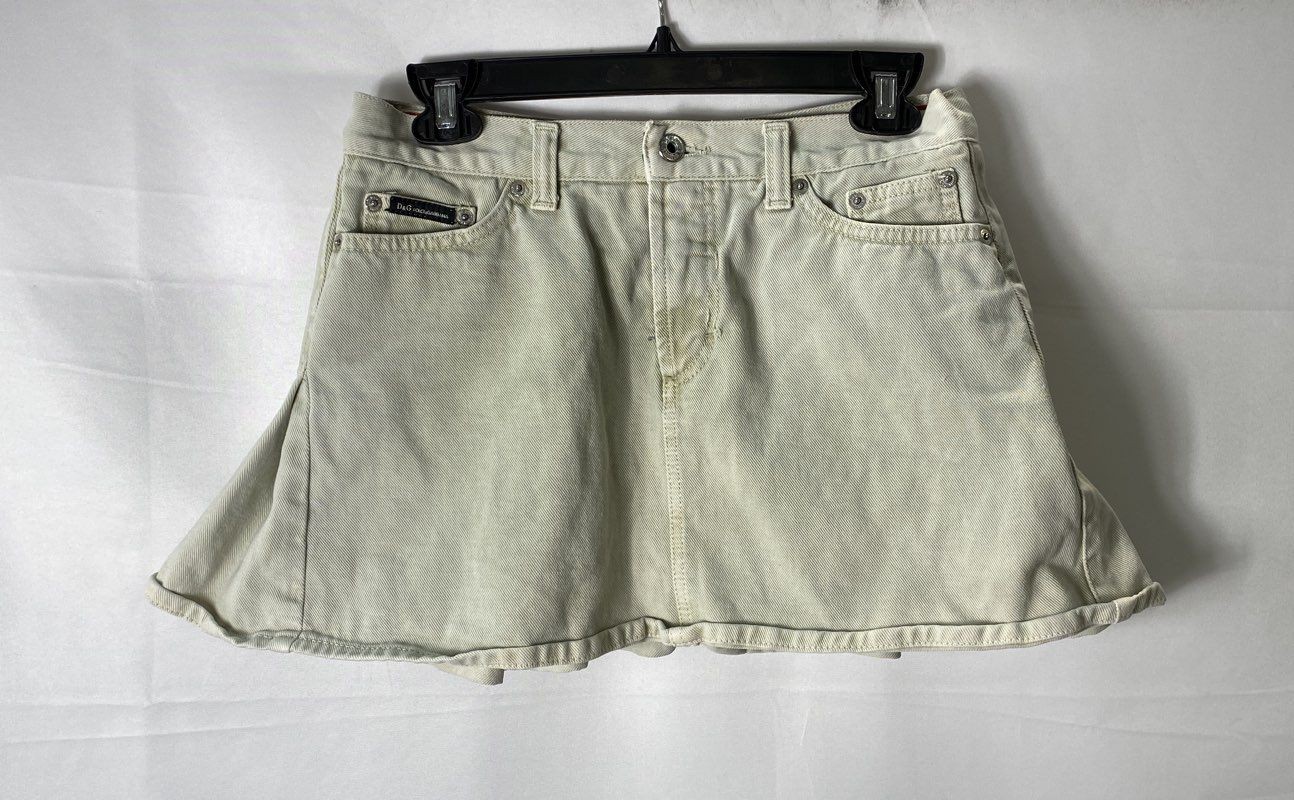 Vintage 90s D&G Dolce & Gabbana Women’s Beige Pleated Denim Mini Skirt Sz 26/40