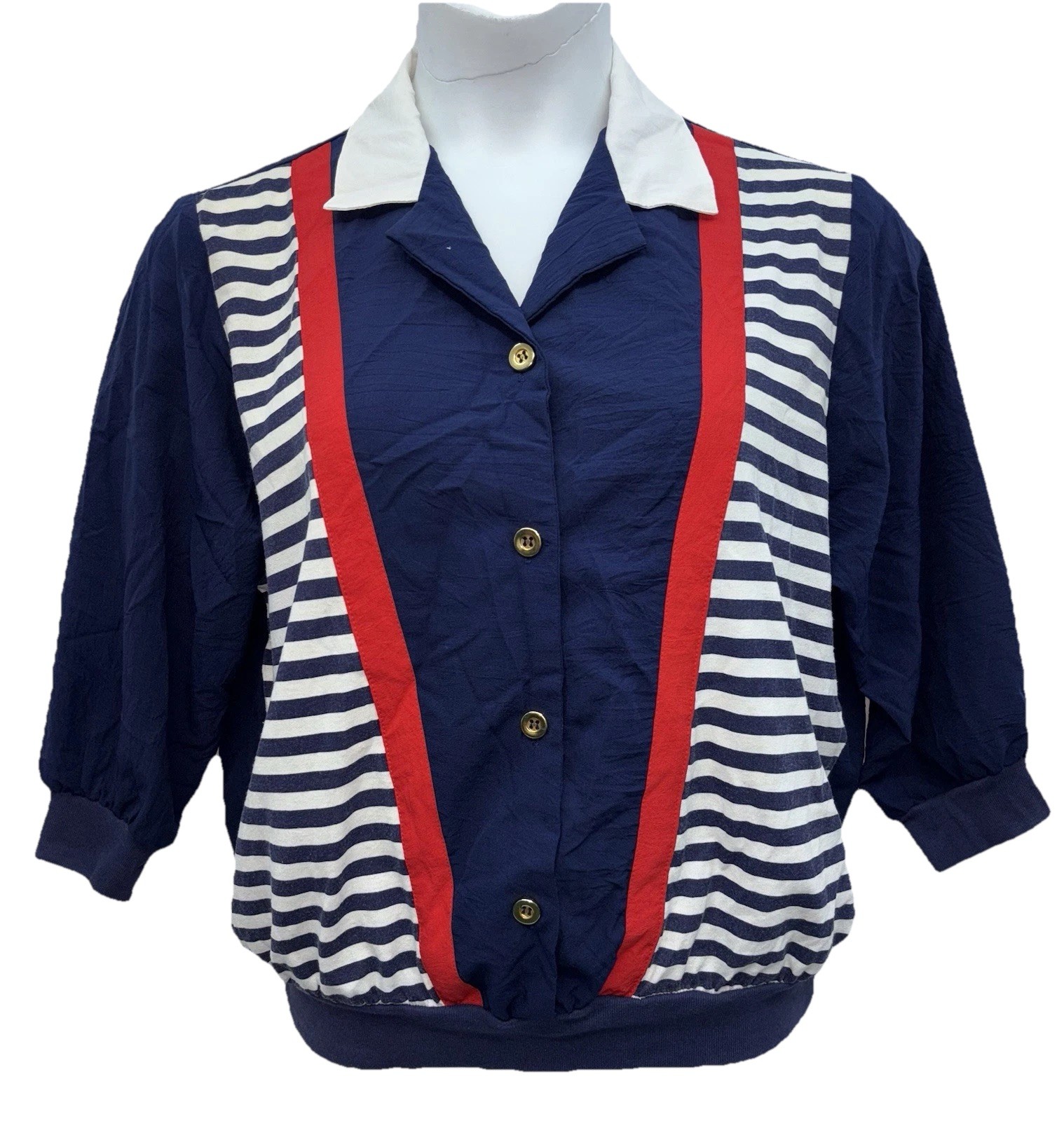 VTG LA Attitude Women Size L Button Up 3/4 Sleeve Top Navy Elastic Band Hemlines